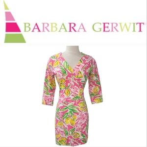 Barbara Gerwit Pink Vintage Knit Body Skimming V-neck Dress in Lemon Bloom Sz S